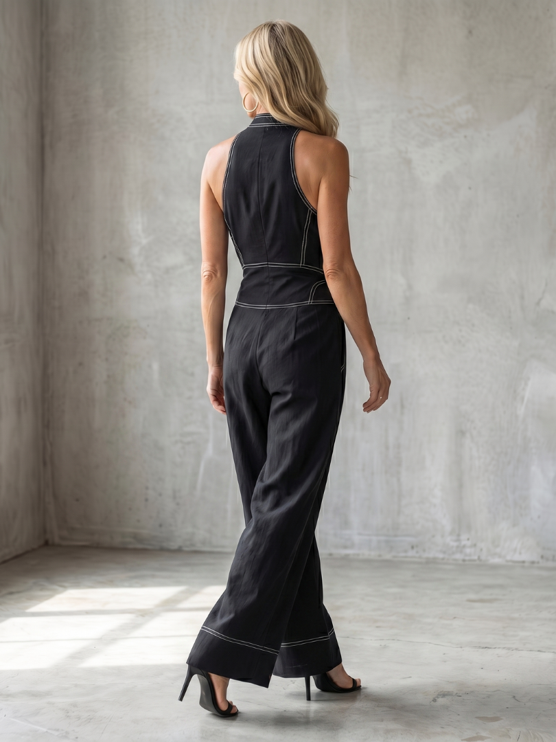 Dara | Women's Zip Front Contrast Stitch Wide Leg Jumpsuit-Trendyssimo