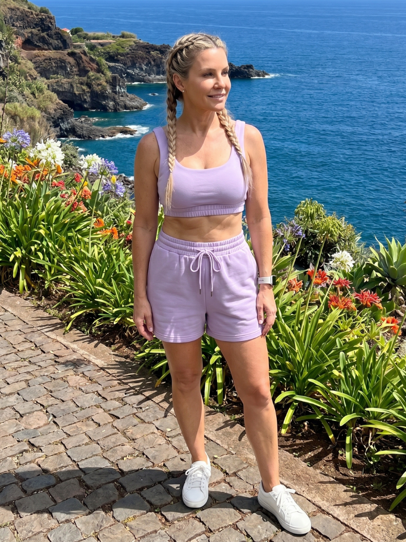 Purple sleeveless scoop-neck crop top and drawstring shorts set, walking view