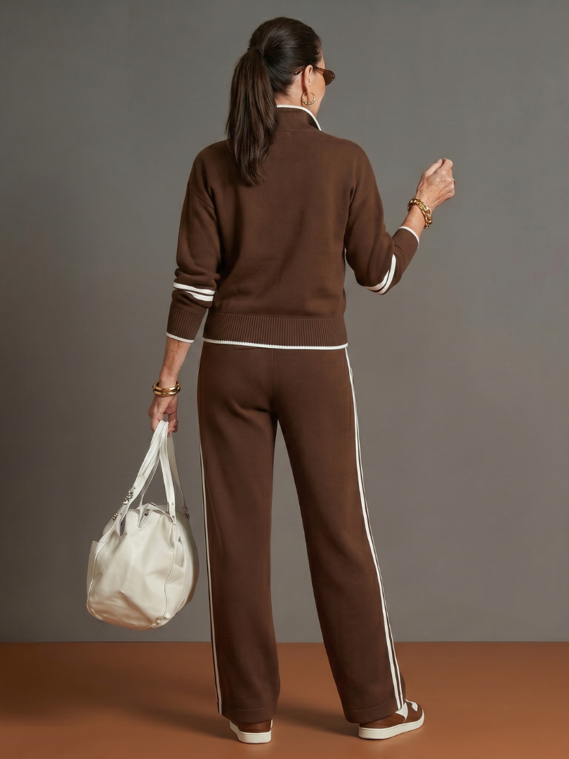 Rain Women's Zip Neck Long Sleeve Side Stripe Pants Set-Trendyssimo