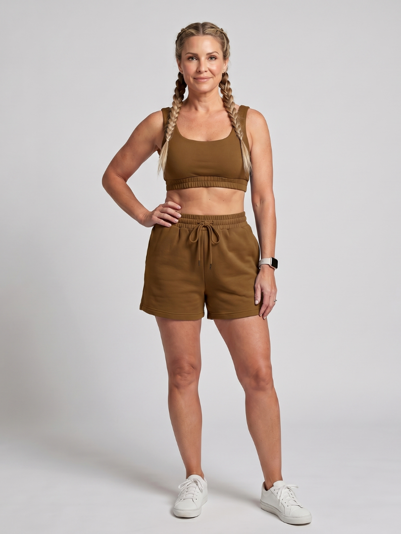 Brown sleeveless scoop-neck crop top and drawstring shorts set