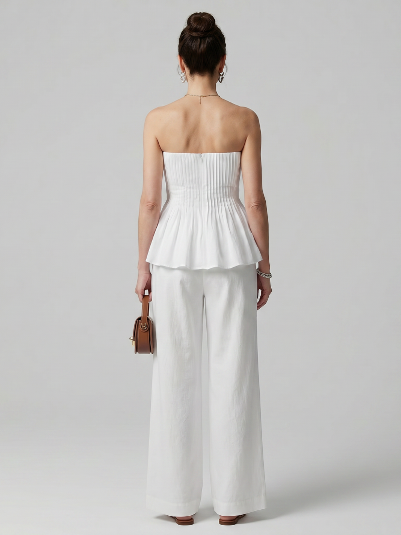 Rila | Women's Strapless Smocked Top and Wide Leg Pants Set-Trendyssimo
