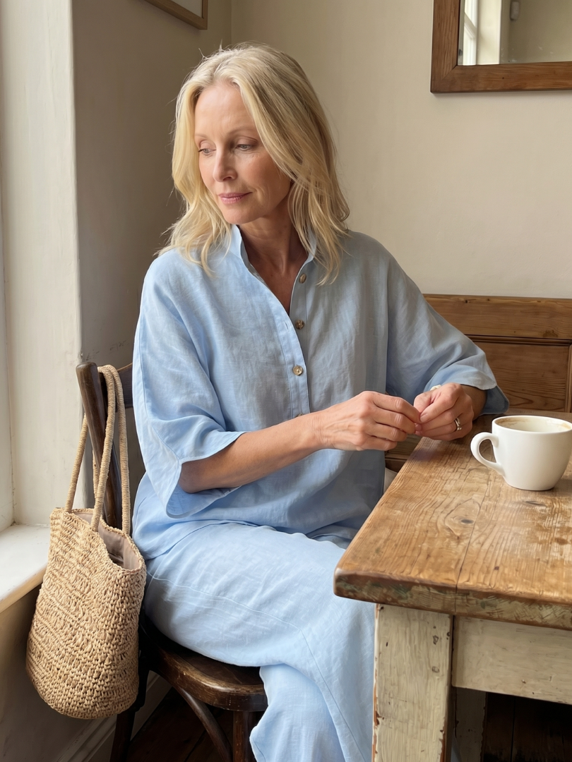 Women's sky-blue button-front tunic and relaxed trousers set