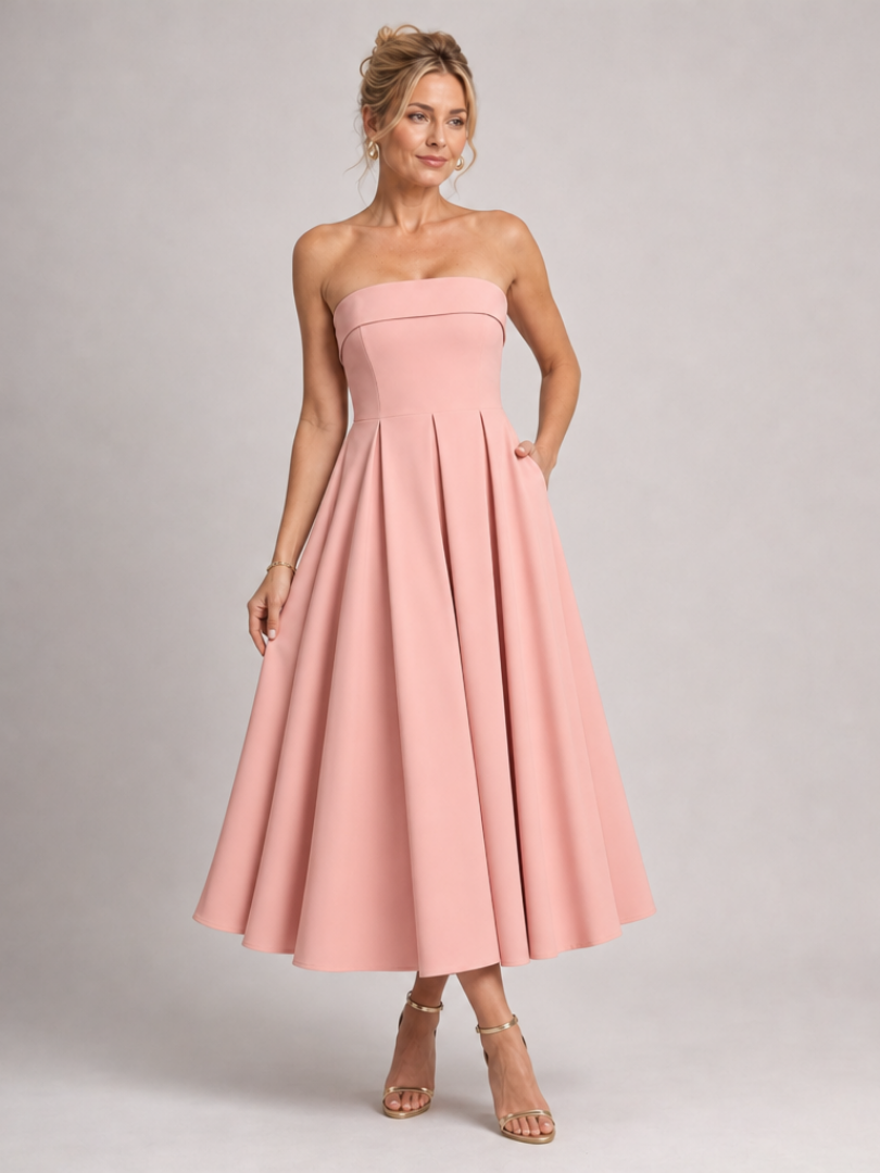 Pink strapless structured bodice midi dress with pleated A-line skirt
