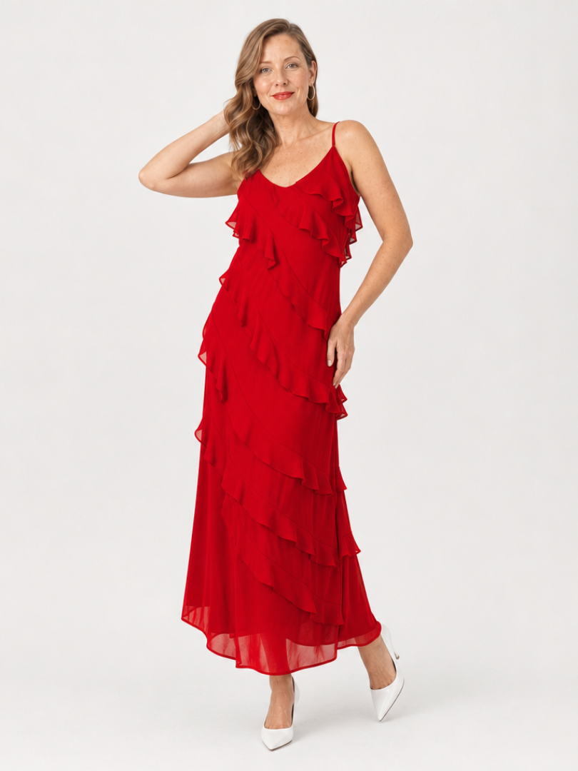 Women's red spaghetti-strap maxi dress with cascading ruffle tiers