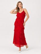 Women's red spaghetti-strap maxi dress with cascading ruffle tiers