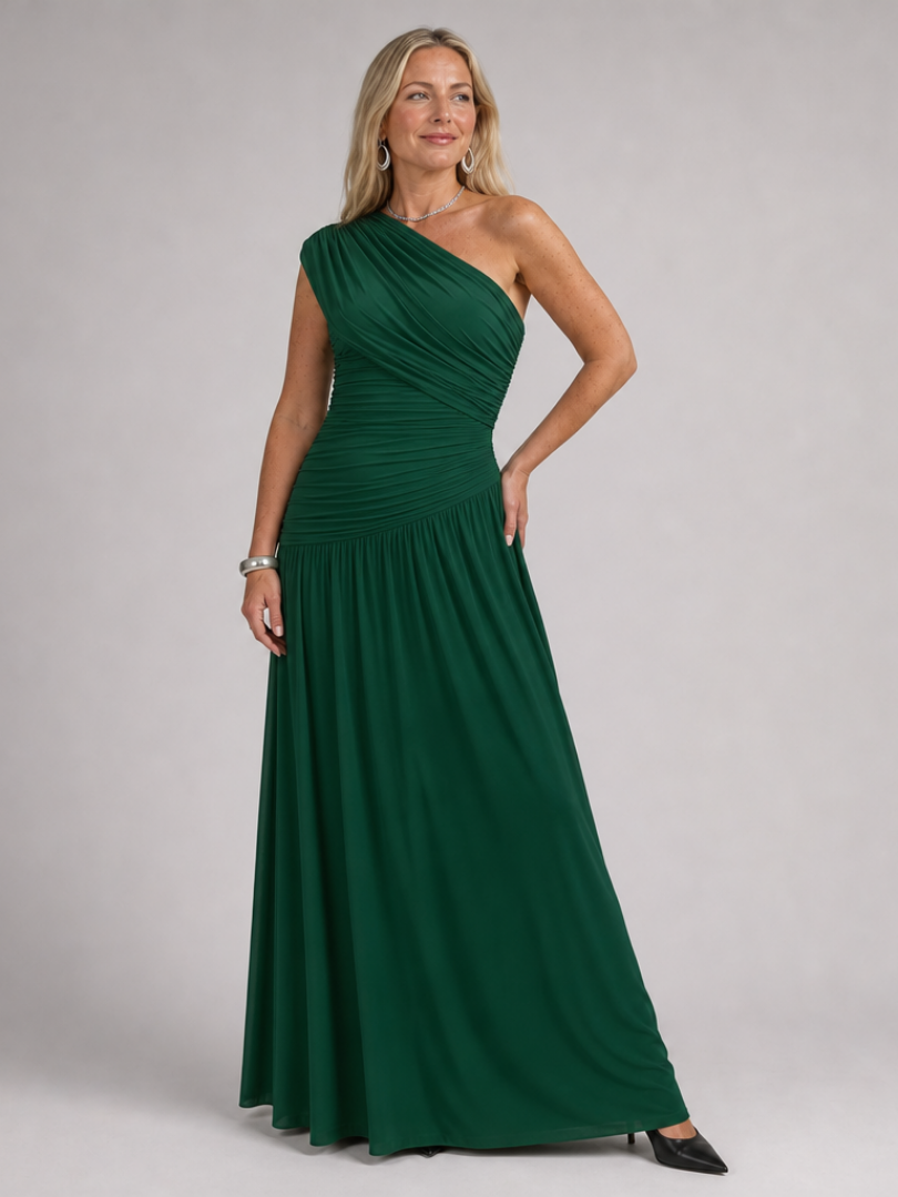 Dark green one-shoulder draped maxi dress with ruched bodice and long skirt