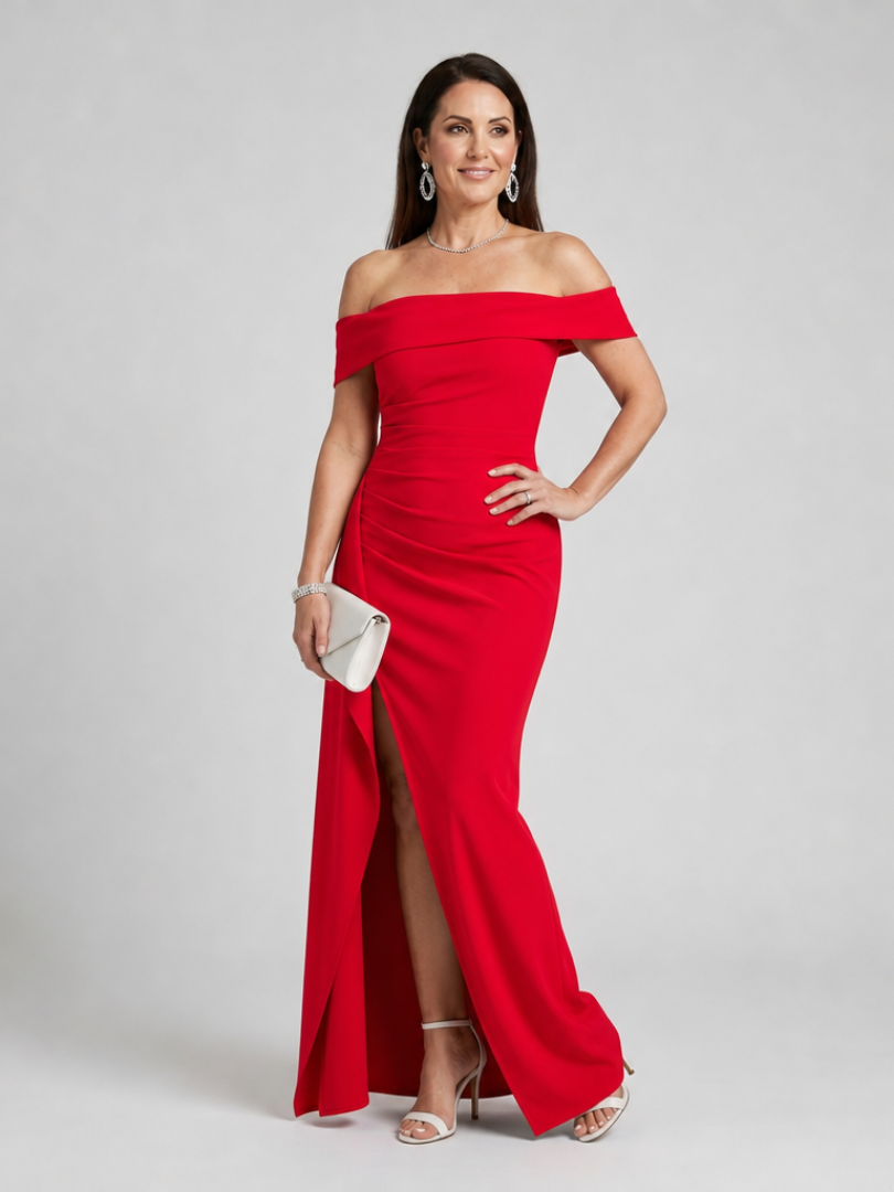 Red off-shoulder maxi dress with high side slit and fitted ruched bodice