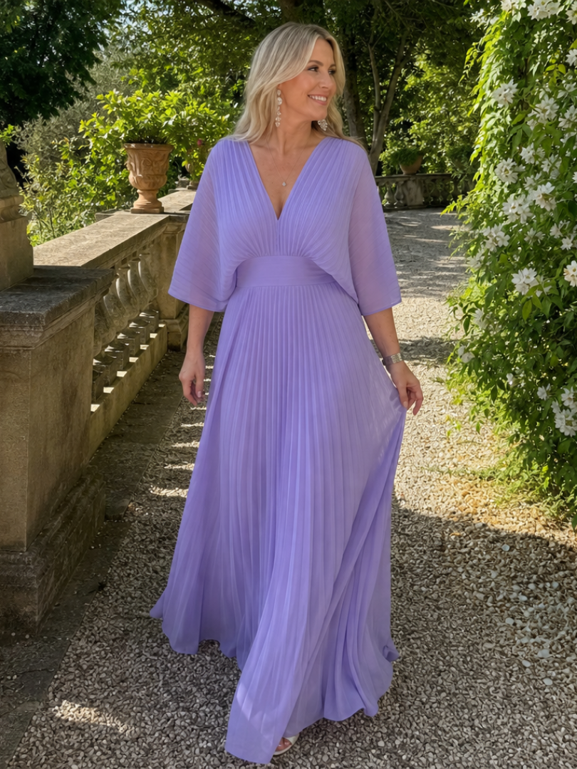 Lavender v-neck pleated maxi dress with 3/4 sleeves and gathered waist