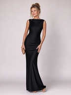Women's sleeveless boat-neck fitted maxi dress, black satin finish