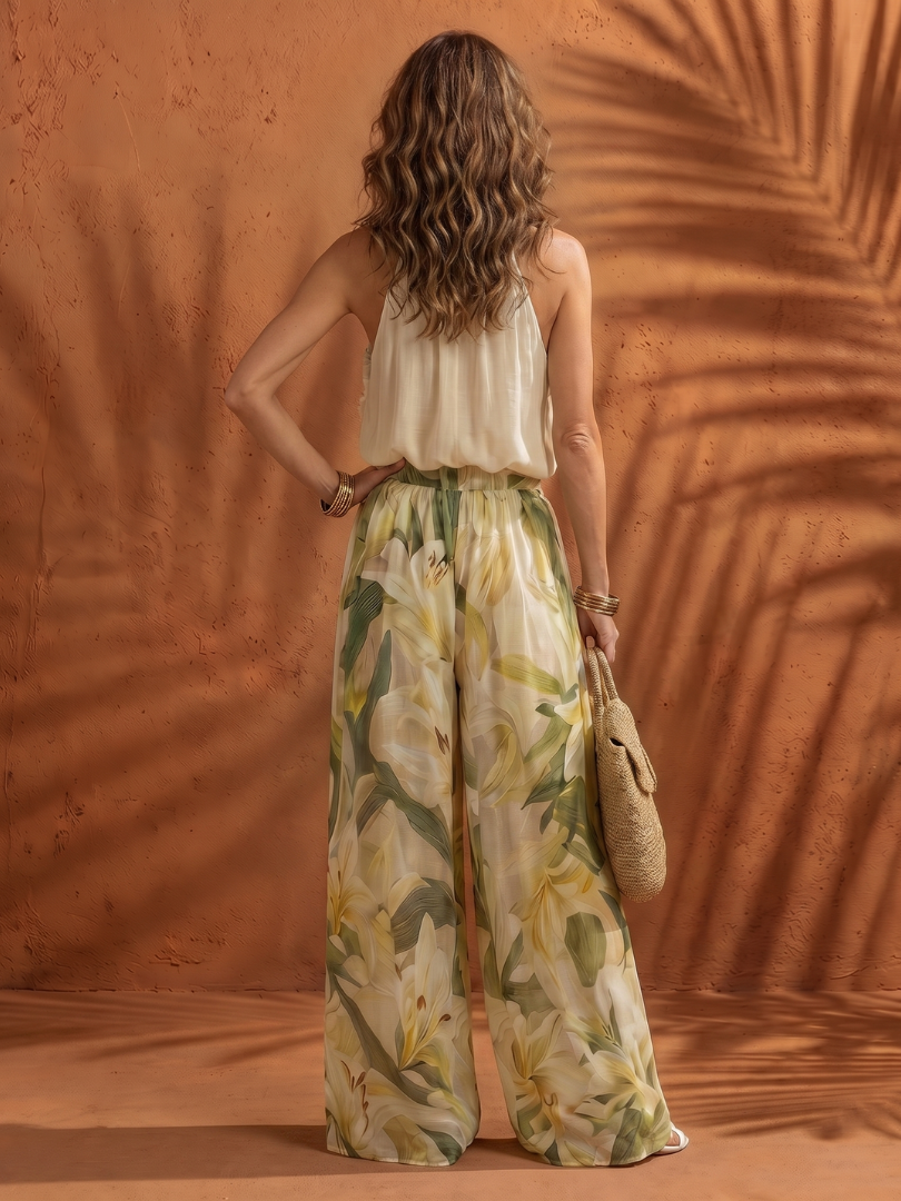 Solange | Women's Floral Halter Neck Blouse and Wide Leg Set-Trendyssimo