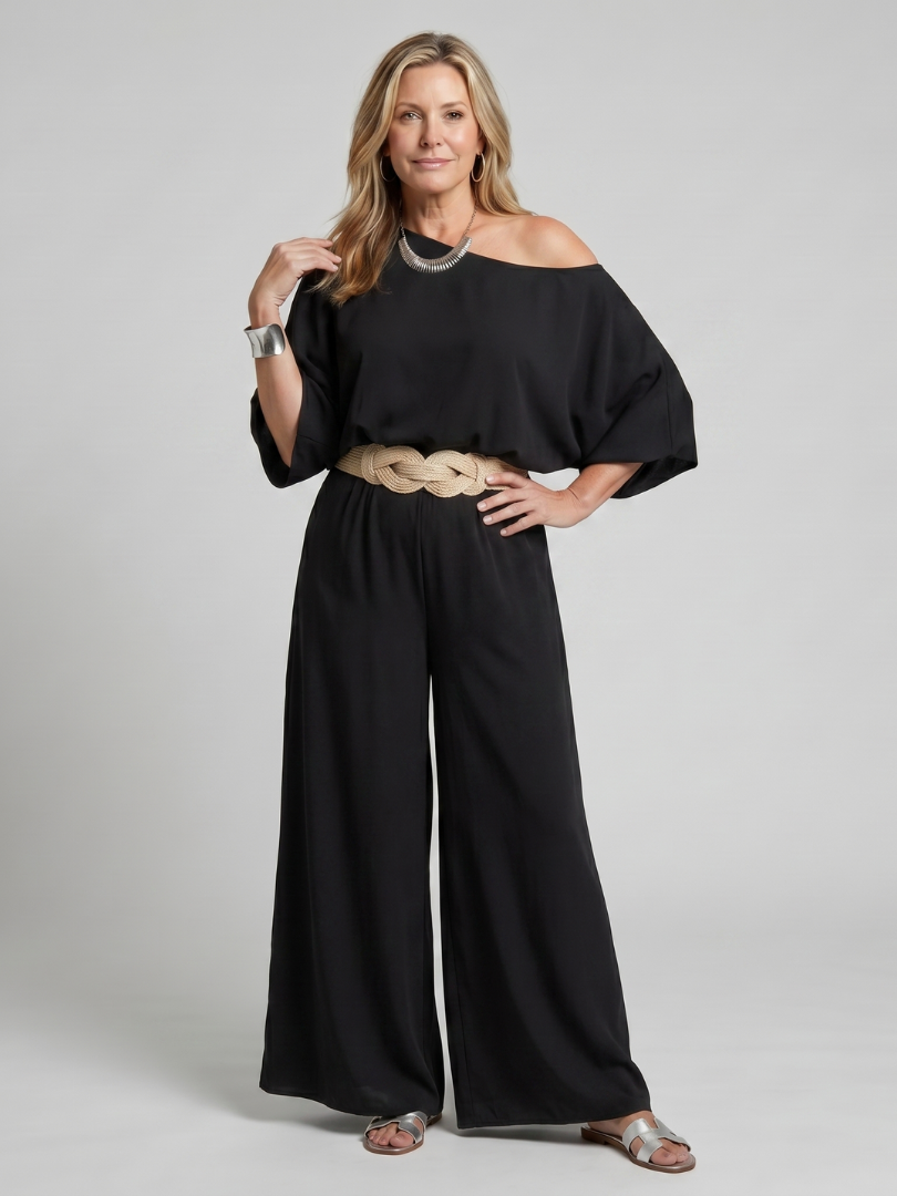 Siomara | Women's One Shoulder Wide Sleeve Top and Wide Leg Pants Set-Trendyssimo