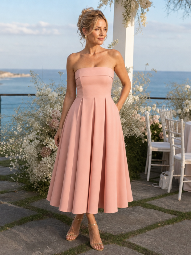 Pink strapless structured bodice midi dress with pleated A-line skirt, full length
