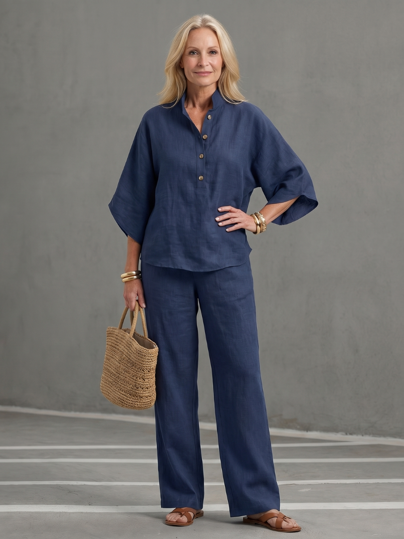 Navy button-front tunic and relaxed trouser set with 3/4 sleeves