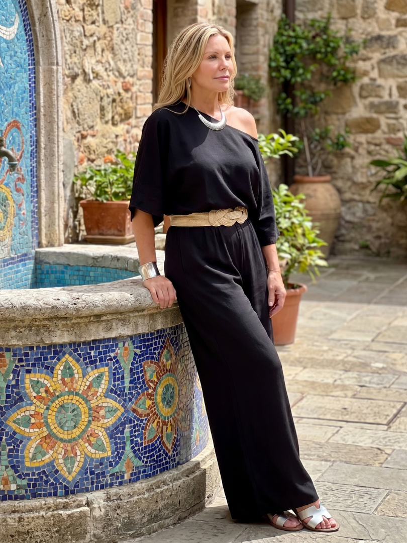 Siomara | Women's One Shoulder Wide Sleeve Top and Wide Leg Pants Set-Trendyssimo