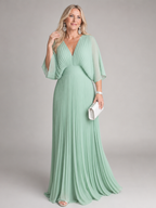 Mint green v-neck pleated maxi dress with 3/4 sleeves and gathered waist