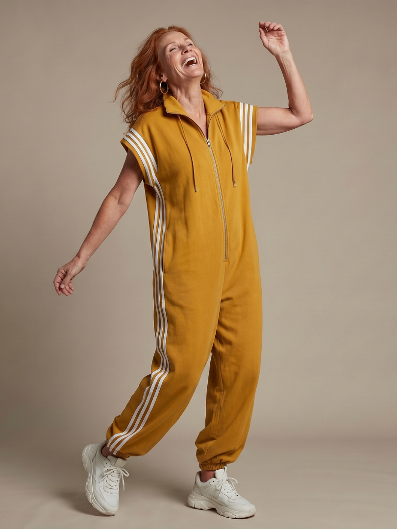 Yellow zip-front sleeveless jumpsuit with white triple stripe sleeve panels and cuffed legs