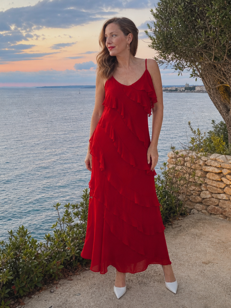 Women's red spaghetti-strap maxi dress with layered ruffle tiers