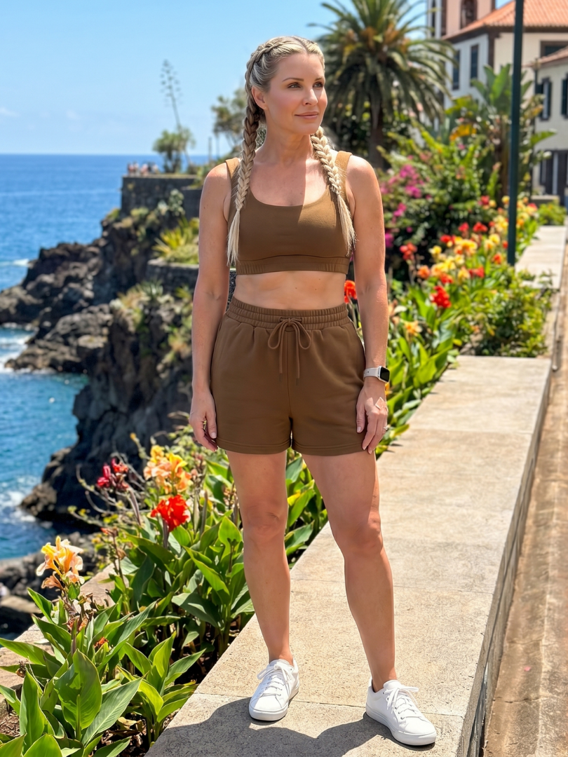 Brown sleeveless scoop-neck crop top and drawstring shorts set, walking view