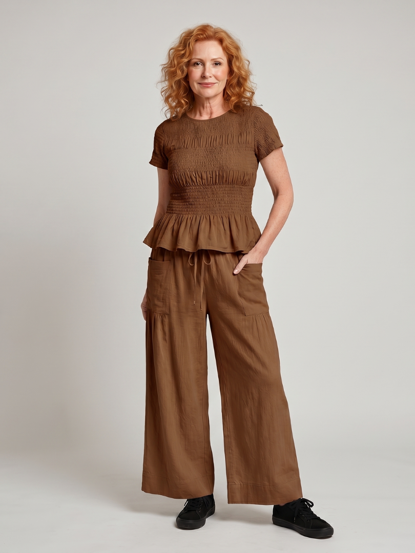 Eirenne | Women's Peplum Smocked Top and Wide Leg Pants Set-Trendyssimo