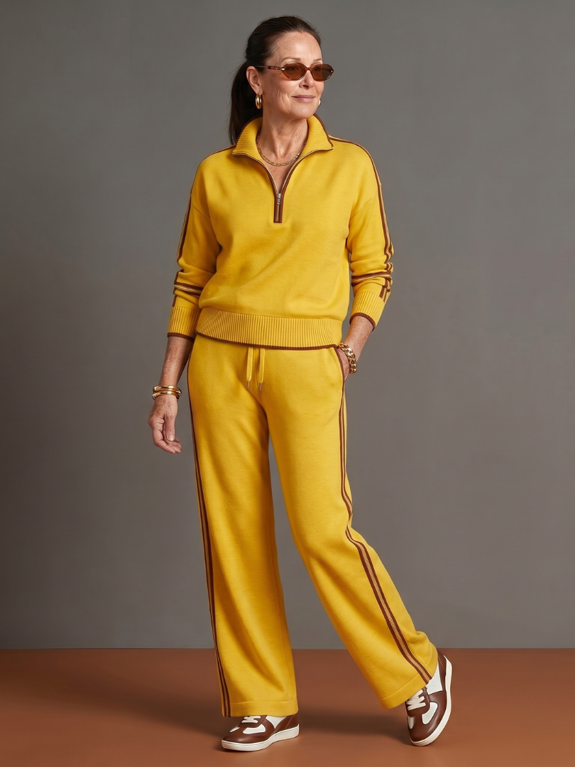 Rain Women's Zip Neck Long Sleeve Side Stripe Pants Set-Trendyssimo