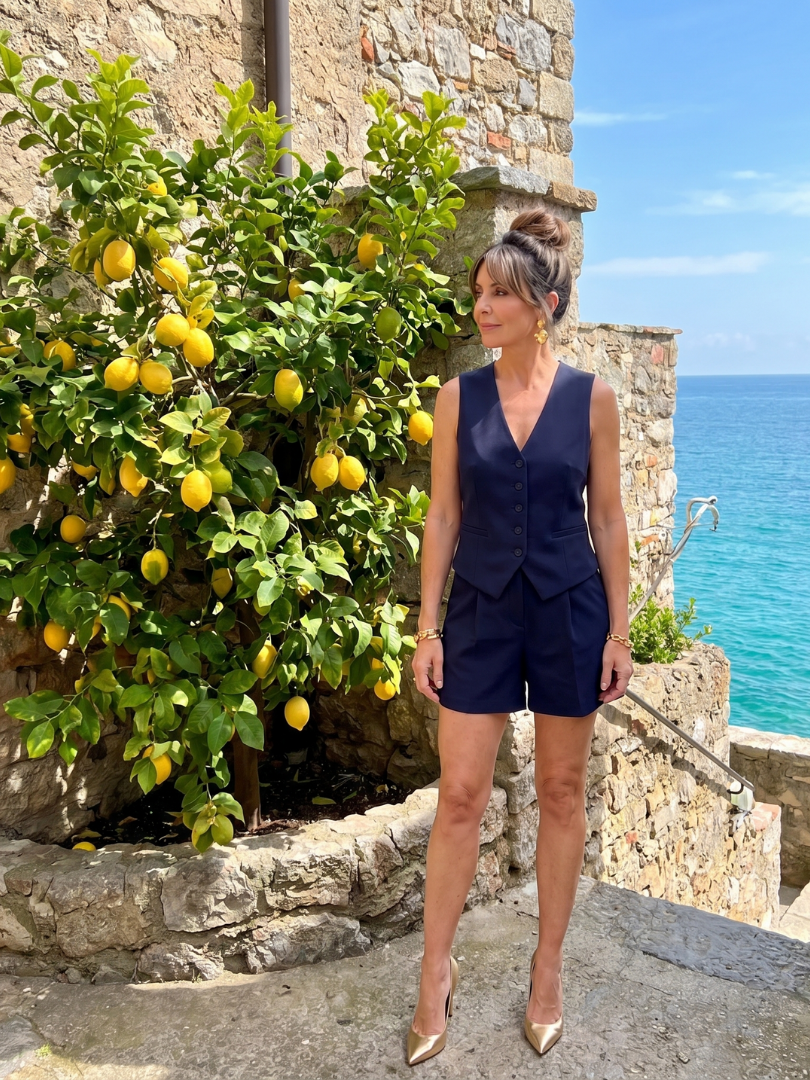 Women's navy tailored sleeveless vest and shorts set, front V-neck button placket