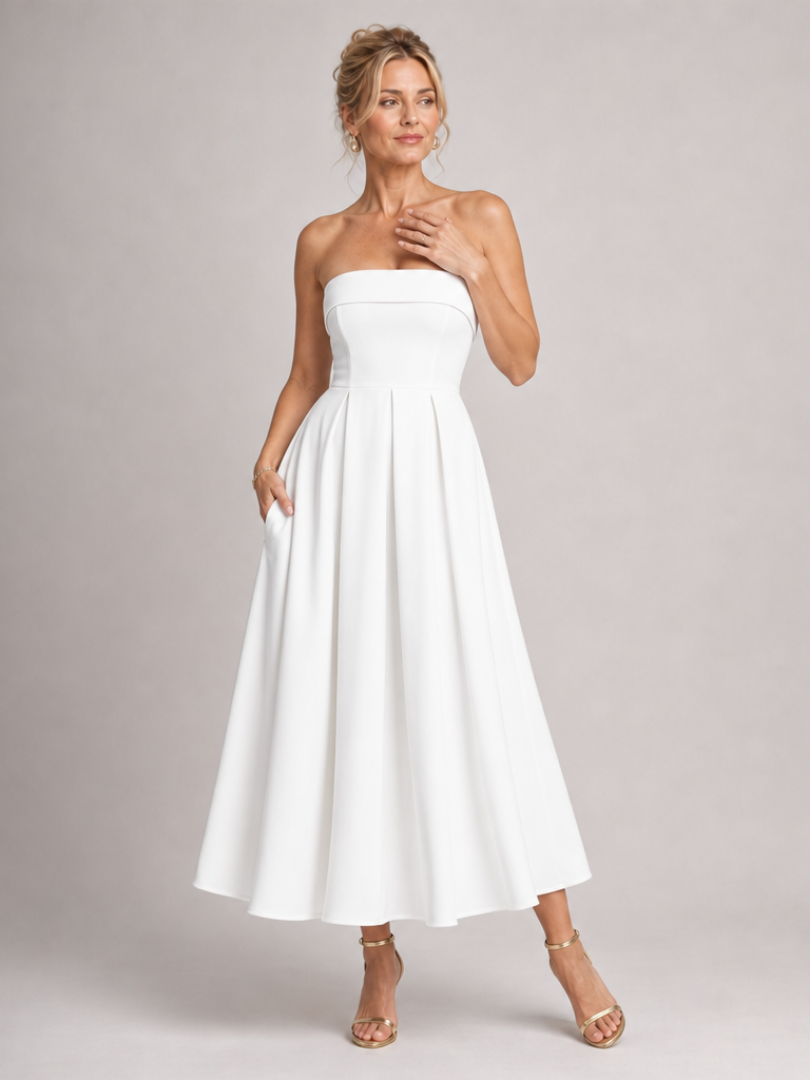 White strapless structured bodice midi dress with pleated A-line skirt