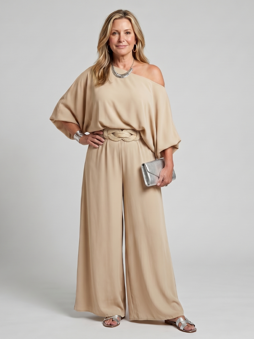 Siomara | Women's One Shoulder Wide Sleeve Top and Wide Leg Pants Set-Trendyssimo