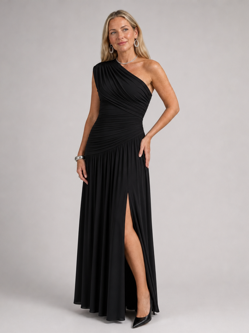 Black one-shoulder draped maxi dress with ruched bodice and side slit skirt