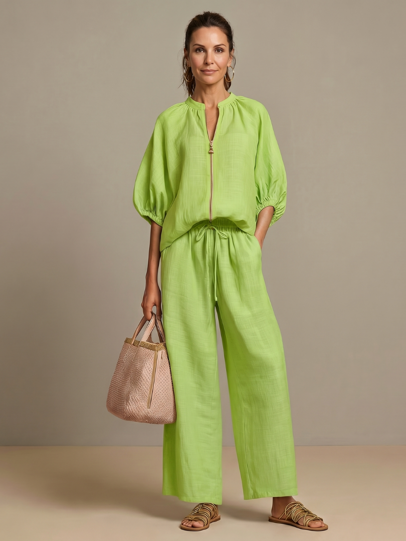 Natalia | Women's Zip Front Blouson Top and Wide Leg Set-Trendyssimo
