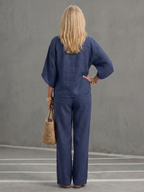 Navy button-front tunic and relaxed trousers set, back view