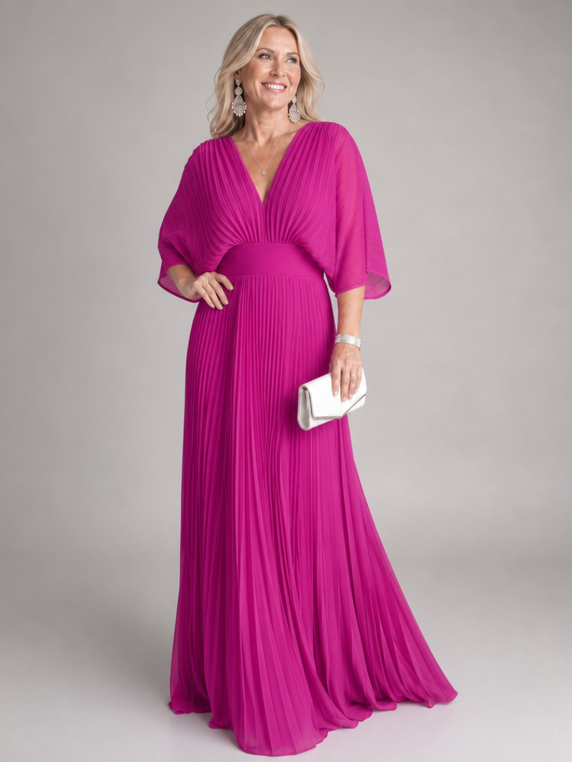 Magenta pink v-neck pleated maxi dress with 3/4 sleeves and gathered waist