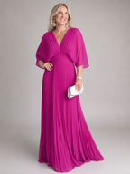 Magenta pink v-neck pleated maxi dress with 3/4 sleeves and gathered waist