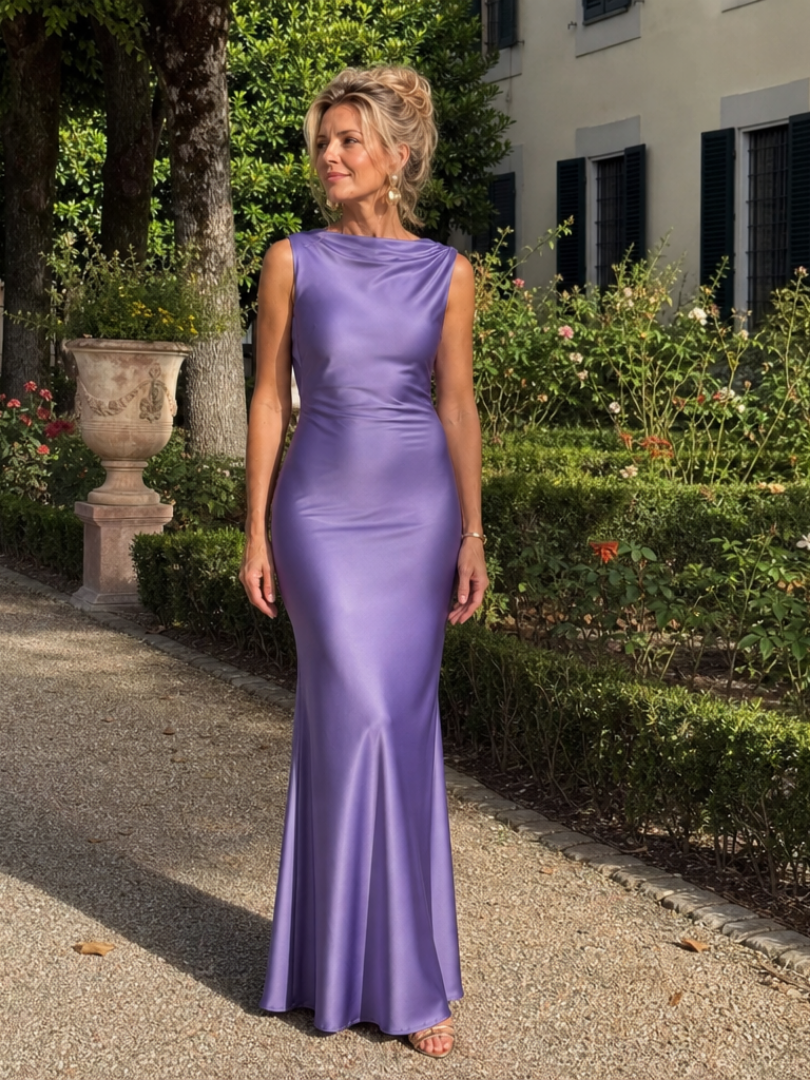 Women's sleeveless boat-neck fitted maxi dress, purple satin finish, full length
