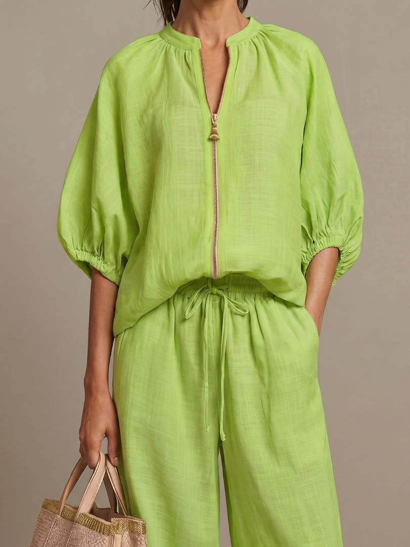 Natalia | Women's Zip Front Blouson Top and Wide Leg Set-Trendyssimo