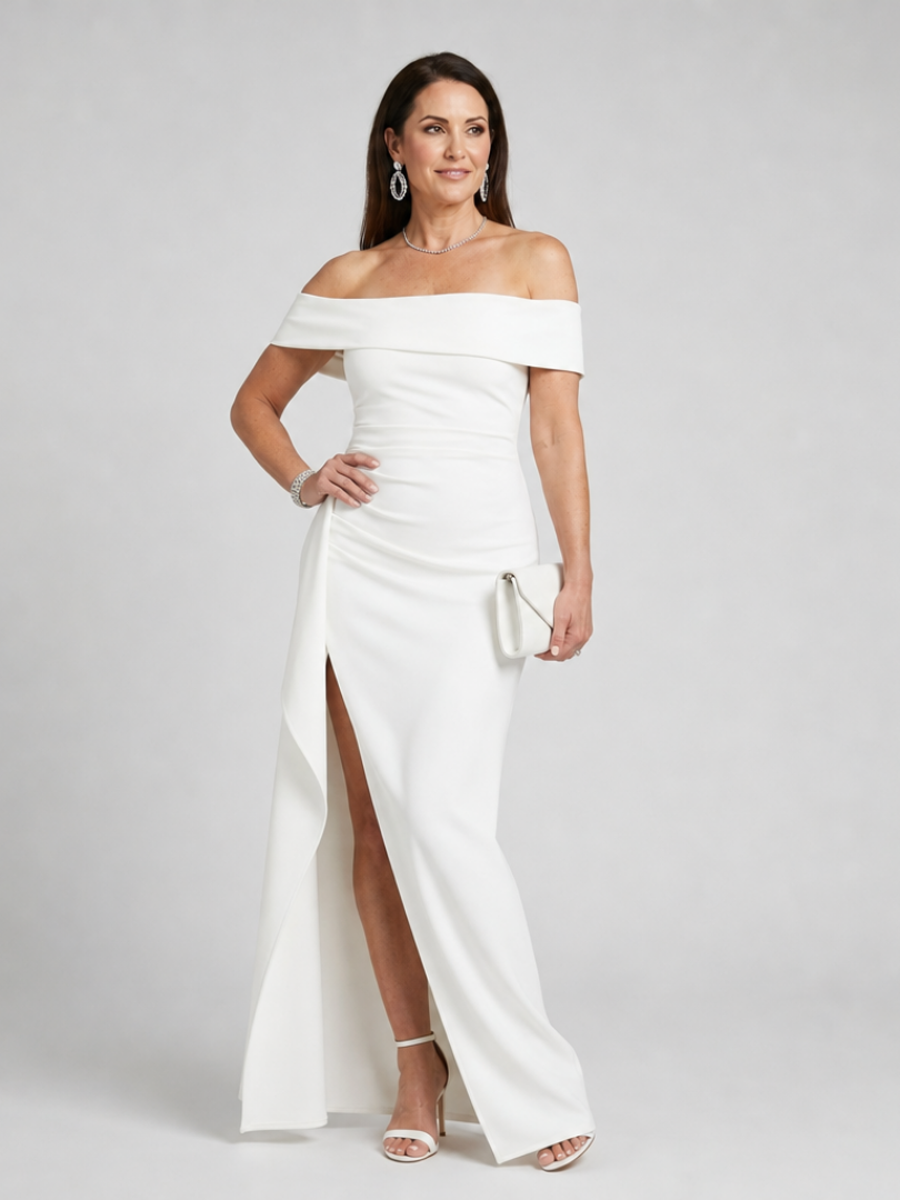 White off-shoulder maxi dress with high side slit and draped shoulder neckline