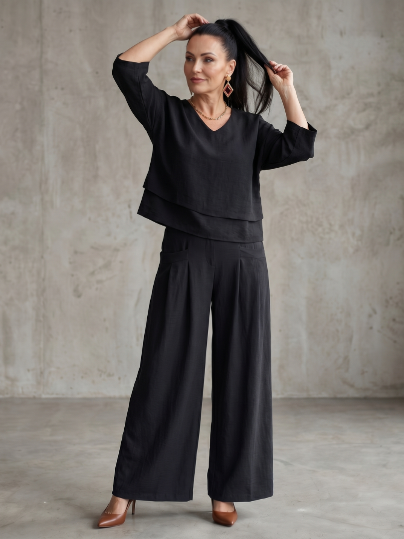 Black layered top and wide-leg pants set, V-neck, elbow sleeves, tiered layers