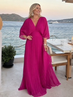 Magenta pink v-neck pleated maxi dress with 3/4 sleeves and gathered waist