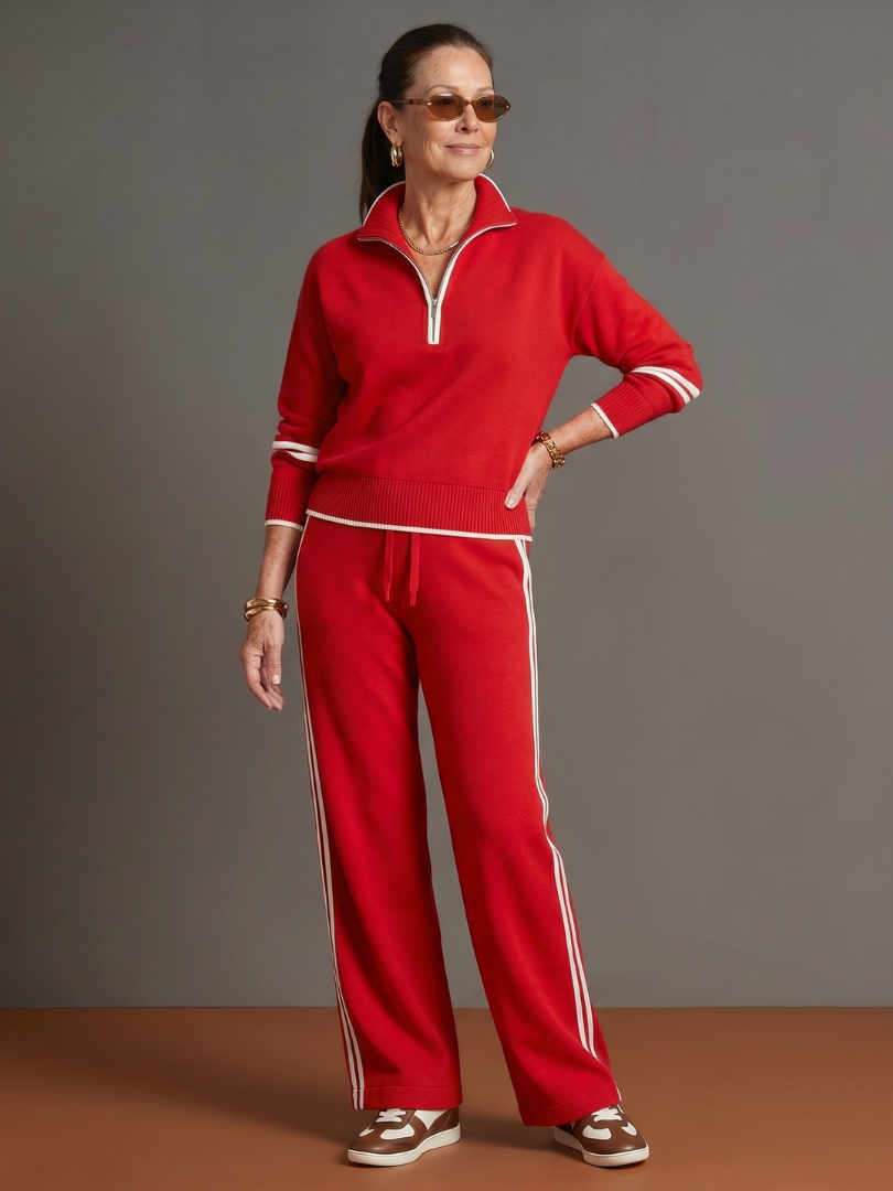 Rain Women's Zip Neck Long Sleeve Side Stripe Pants Set-Trendyssimo